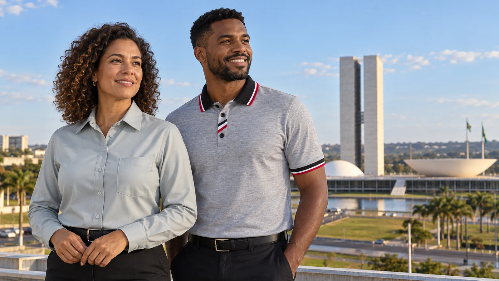 Cena ilustrativa de uniformes UniAlpha em cenário de Brasília