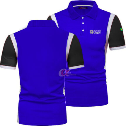 Camisa polo de uniforme executivo em Malha Piquet fresca, cores azul royal, preto e branco. Estampa de bandeira do Brasil na manga. Produto ideal para personalização com logo silk ou bordado no peito esquerdo, disponível para compra em atacado