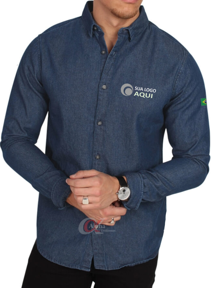 Camisa algodão cor Jeans social feminina e/ou masculina personalizada para uniformes fardamentos profissionais