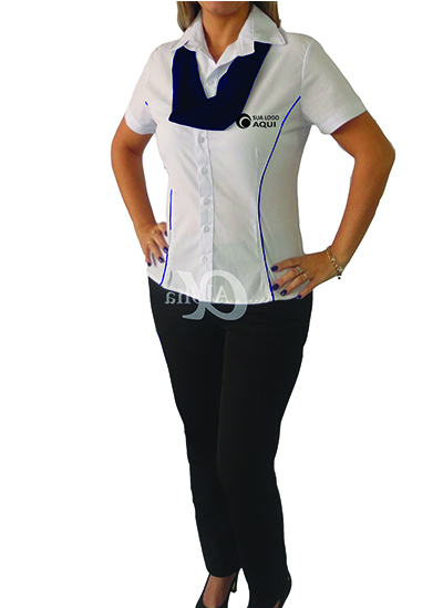 Modelo de blusa camisa feminina para uniformes tricoline com echarpe-lenço na cor da sua logomarca