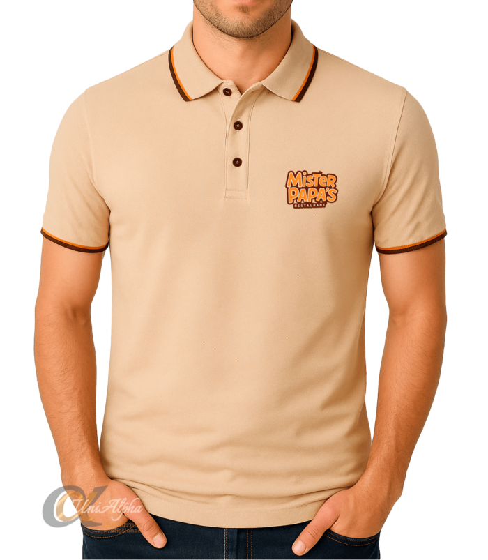 camisa polo bege uniforme personalizada para restaurante