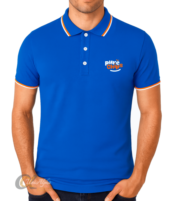 camisa polo preta uniforme personalizada costas detalhe azul