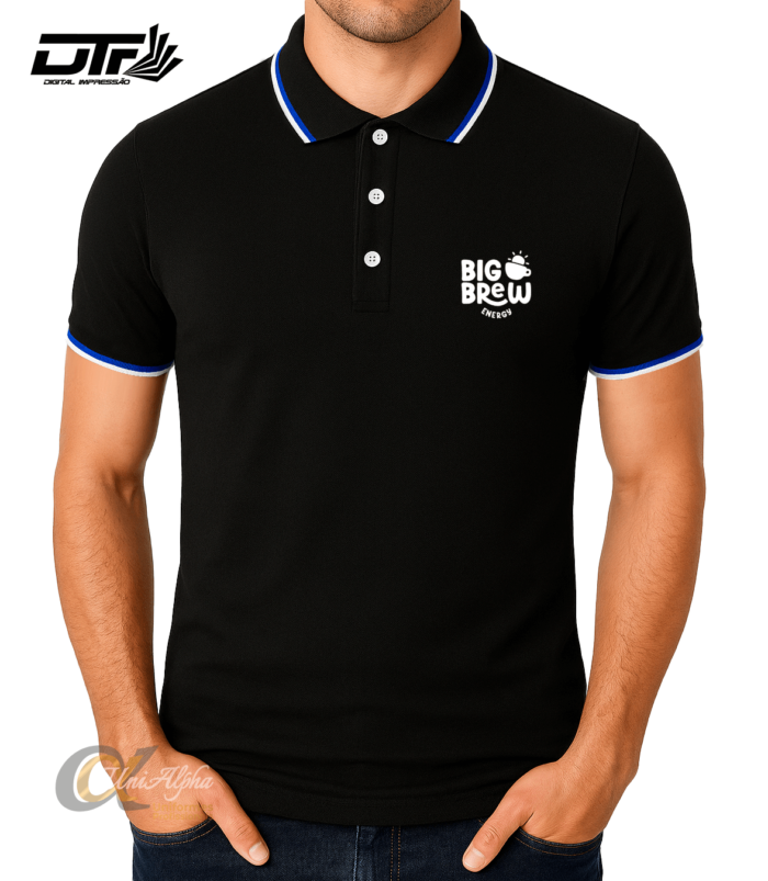 camisa polo preta uniforme personalizada logo empresa