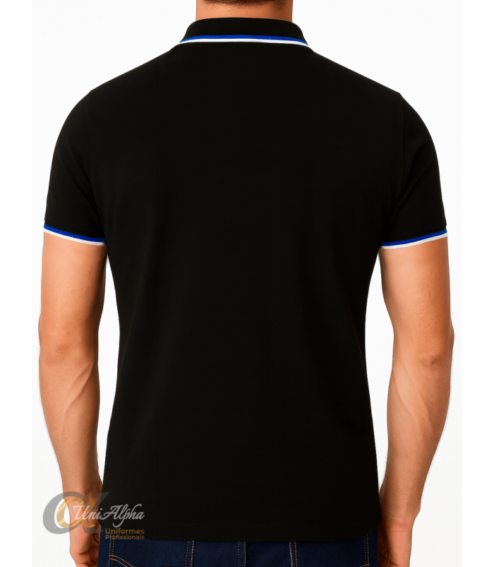 camisa polo preta com detalhes customizados uniforme personalizada