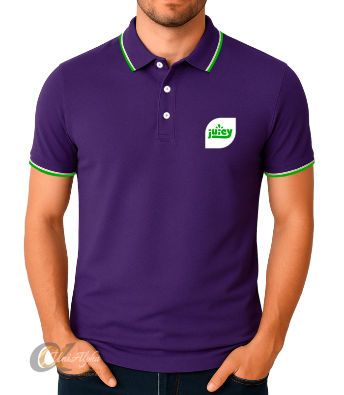 camisa polo roxa uniforme personalizada juice bar equipe atendimento