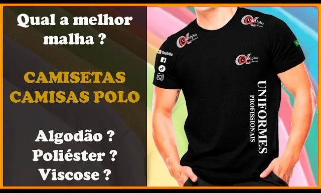 Imagem de uma camiseta uniforme profissional preta com logos e a pergunta 'Qual a melhor malha?' ao lado, mencionando as opções Algodão, Poliéster e Viscose para camisetas e camisas polo