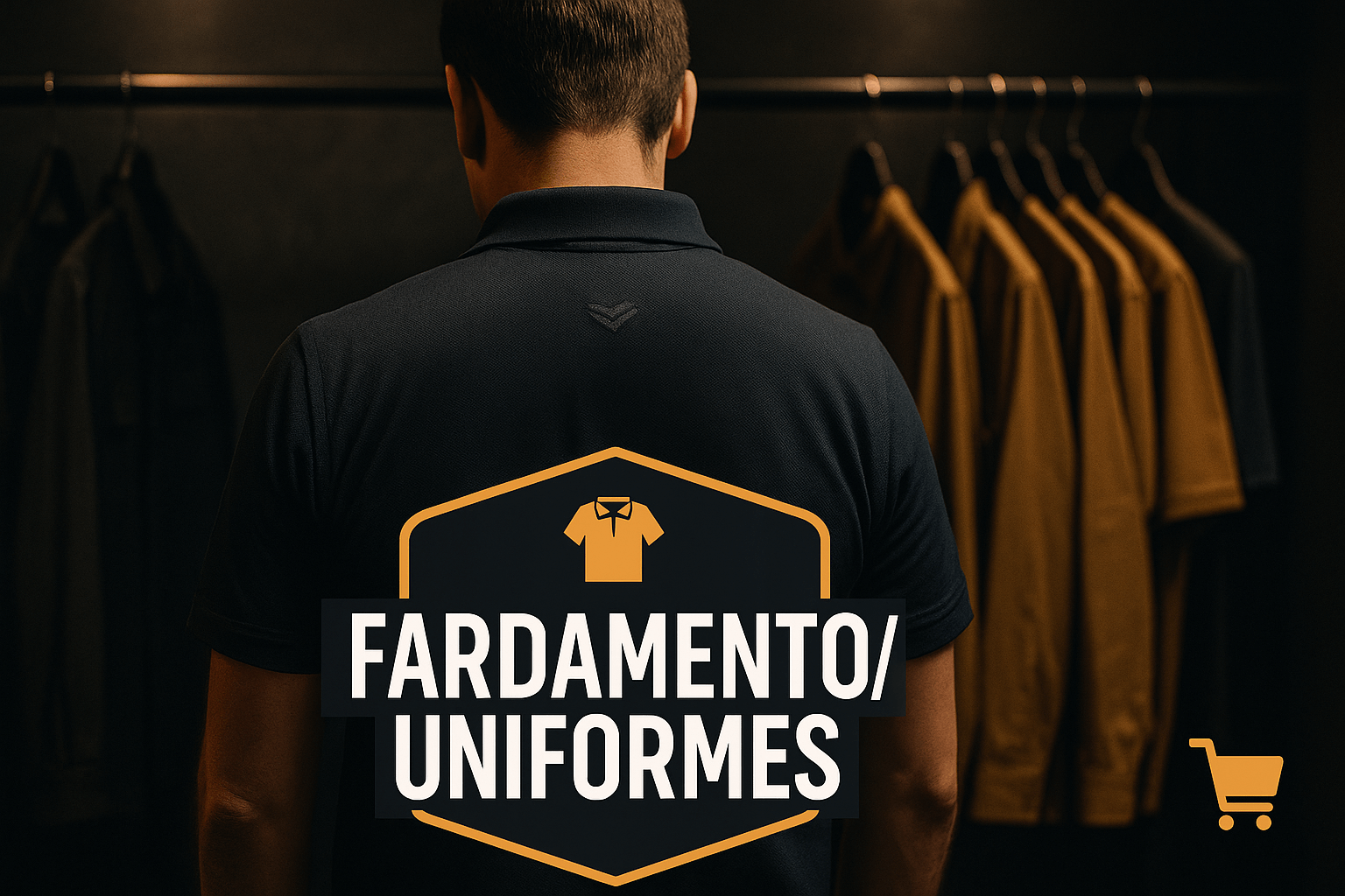 Homem vestindo camisa polo preta representando fardamento e uniformes profissionais personalizados para empresas
