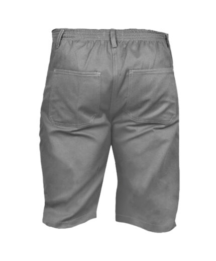 Vista Traseira Bermuda Brim Elástico Cinza Claro Unialpha Uniformes com bolsos traseiros.