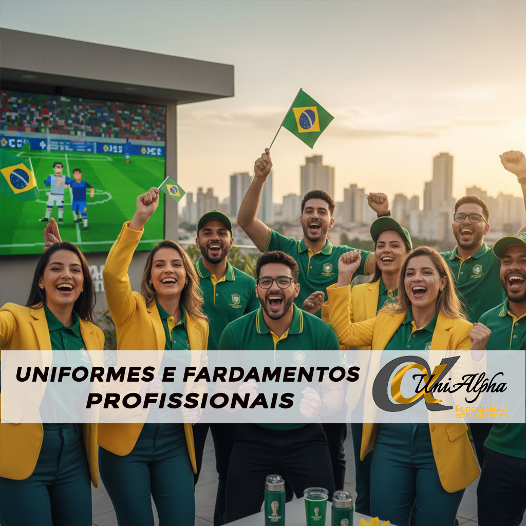 Detalhe de uniformes corporativos verdes e amarelos para a Copa 2026, fabricados pela Unialpha Uniformes em Sorocaba. Camisa polo personalizada com gola reforçada e bordado industrial que não desfiia, ideal para imobiliárias e agências de veículos.