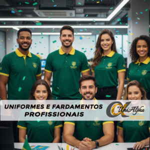 Equipe de vendas em escritório moderno vestindo camisa polo personalizada verde e amarela para a Copa do Mundo 2026, com bordado industrial de alta definição da Unialpha Uniformes Sorocaba. Uniforme corporativo premium que não amassa e não desbota.