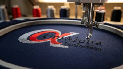 bordado computadorizado do logo UniAlpha Uniformes em tecido azul marinho na máquina bordadeira