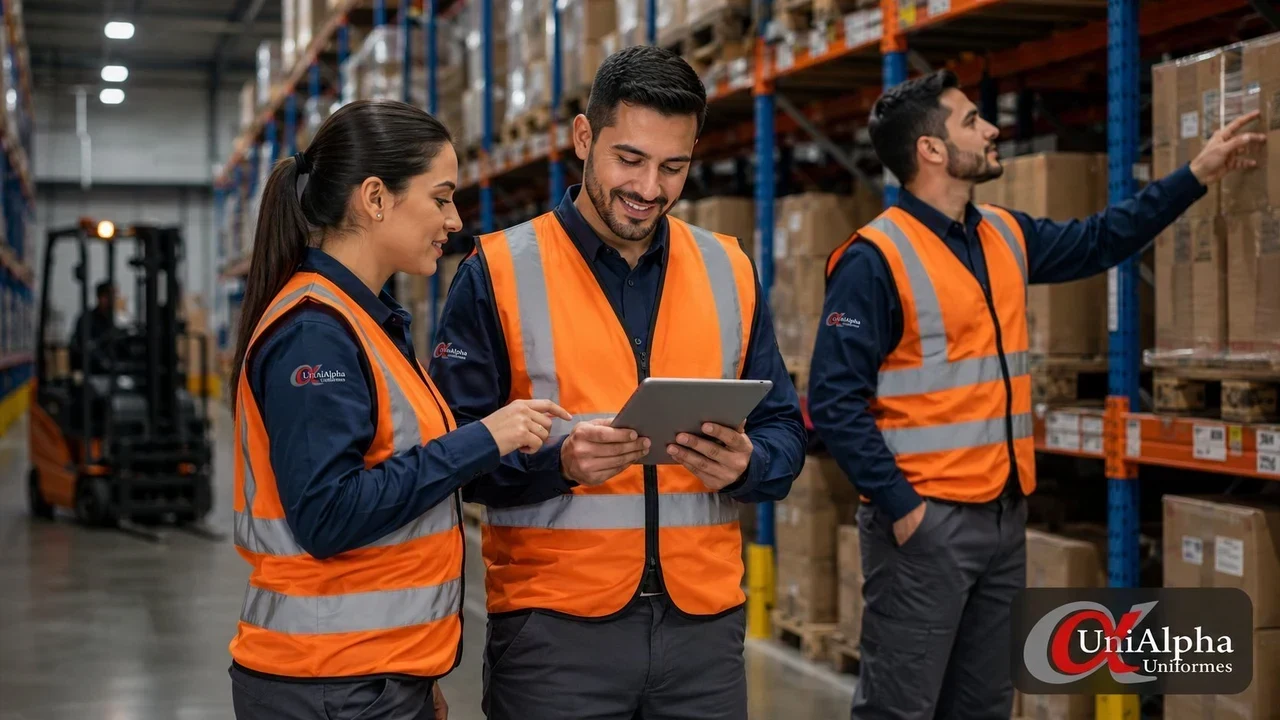 operadores de logística com uniforme personalizado bordado azul marinho e colete refletivo laranja em armazém — UniAlpha Uniformes Sorocaba