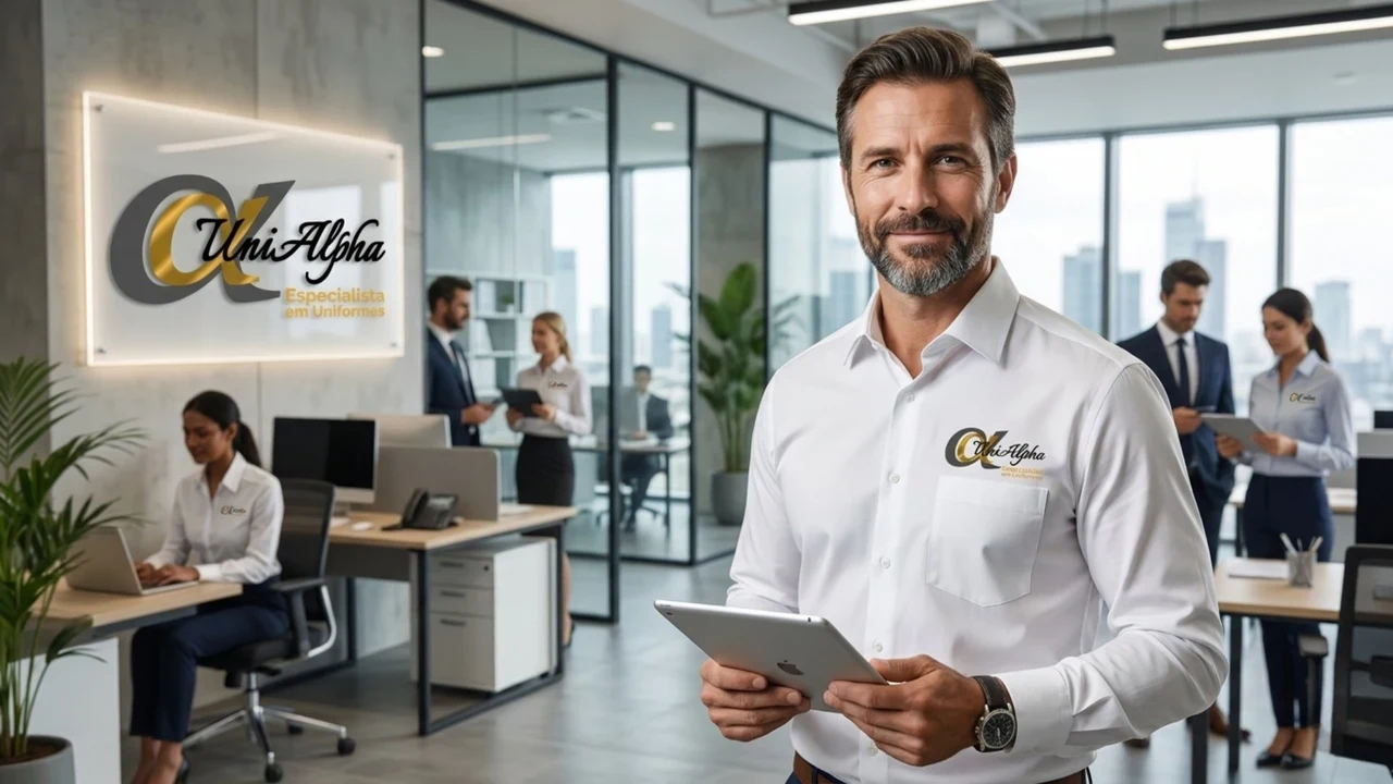 gestor com camisa social bordada em escritório corporativo moderno — uniforme corporativo personalizado UniAlpha Uniformes Sorocaba SP