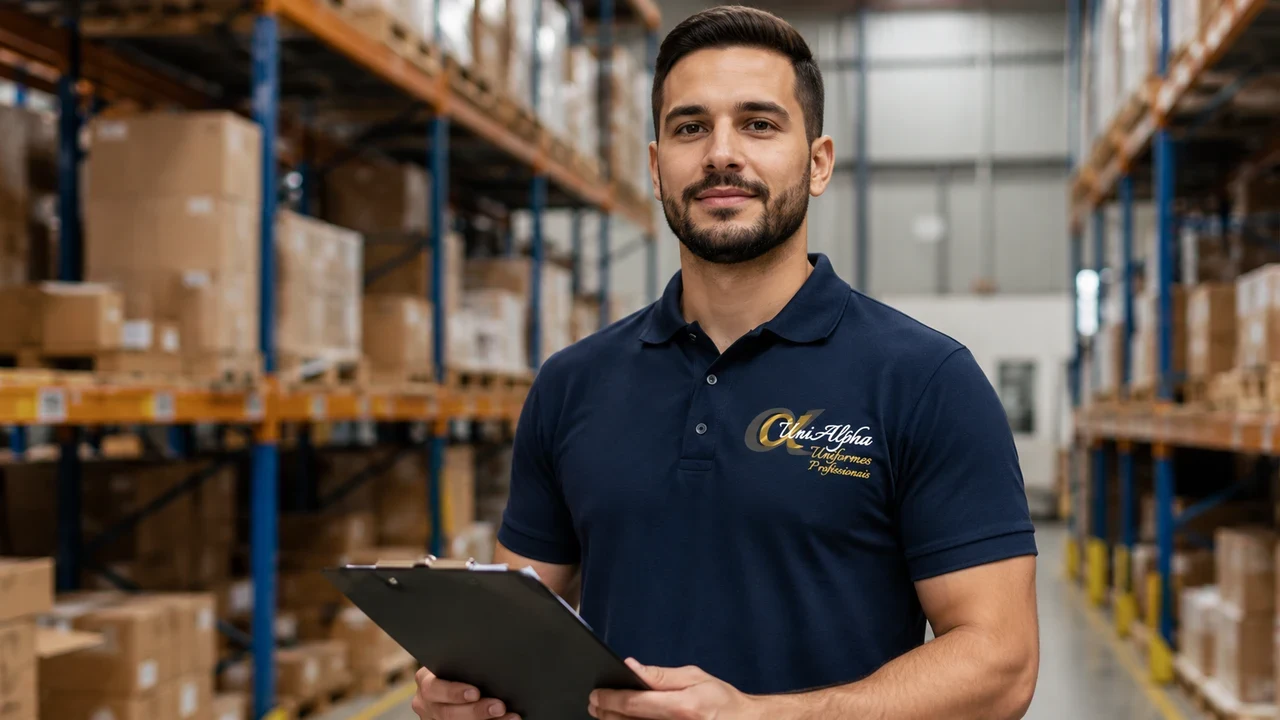 Operador logístico com camisa polo azul marinho bordada UniAlpha Uniformes em armazém com prateleiras de caixas ao fundo, Sorocaba SP