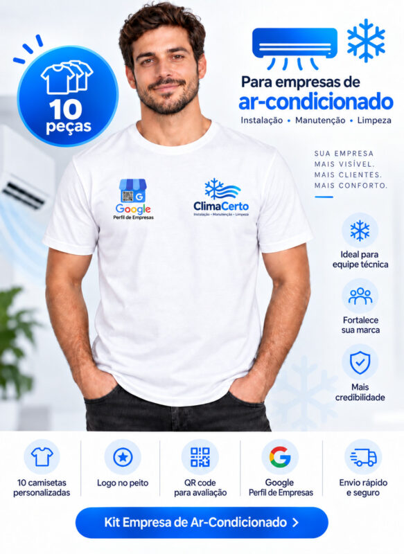 Técnico de ar-condicionado com camiseta branca personalizada com logo da empresa e QR code do Google
