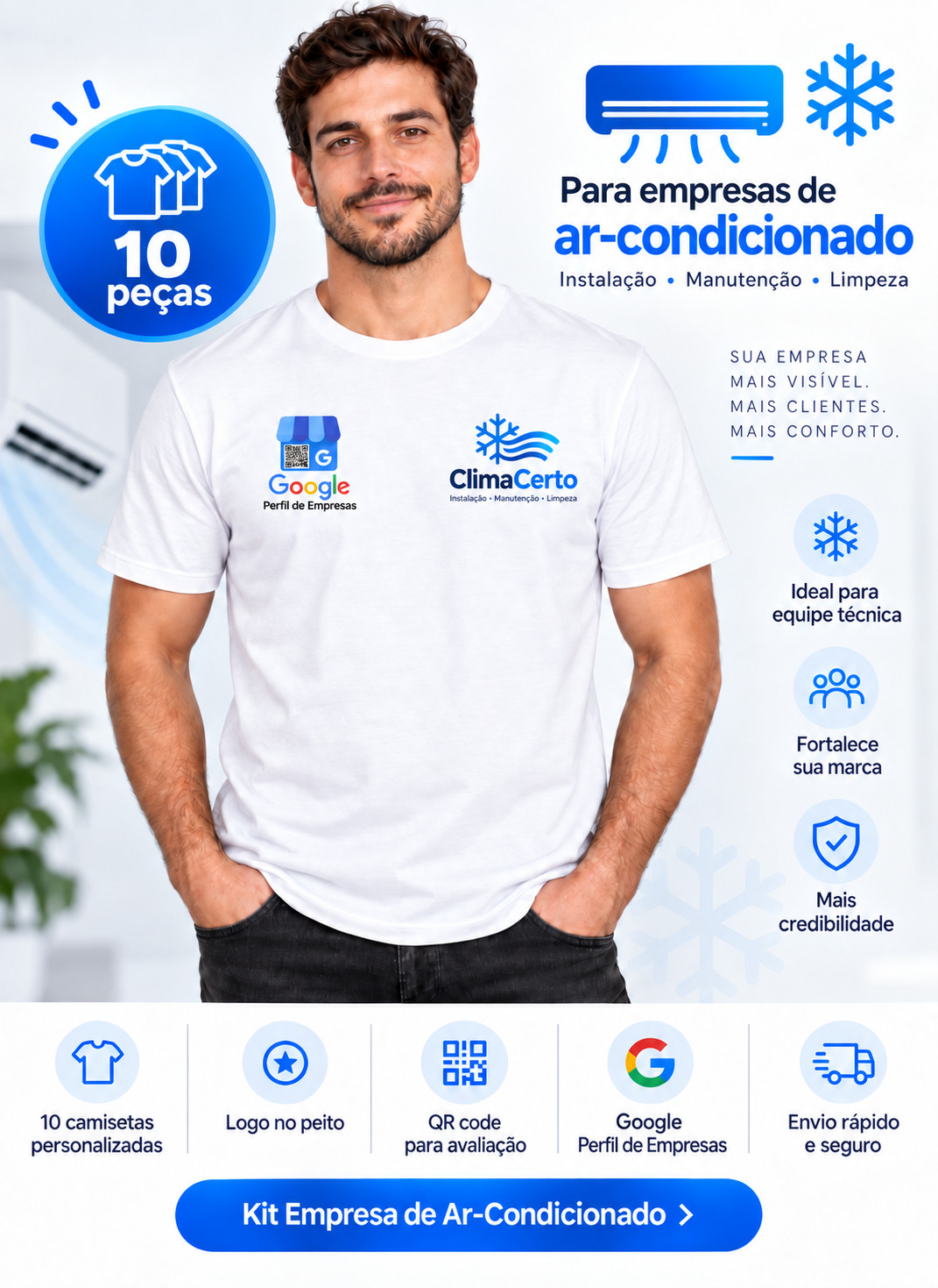 Camiseta branca personalizada para equipe técnica de instalação, manutenção e limpeza de ar-condicionado Técnico de ar-condicionado com camiseta branca personalizada com logo da empresa e QR code do Google
