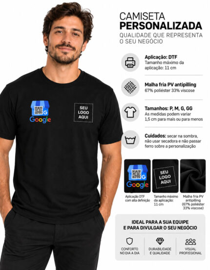 Ficha técnica da camiseta personalizada para empresa com estampa DTF, malha fria PV antipilling e tamanhos P ao GG
