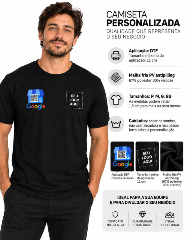 Ficha técnica da camiseta personalizada para empresa com estampa DTF, malha fria PV antipilling e tamanhos P ao GG