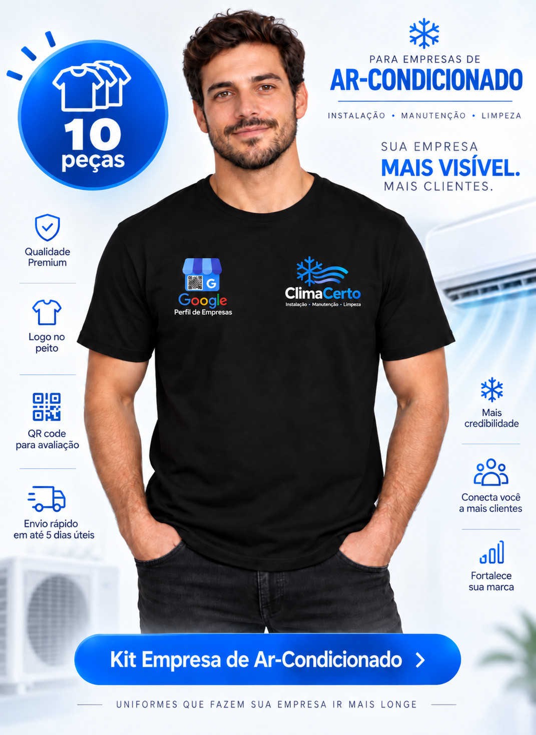 Kit com 10 camisetas personalizadas para empresa de ar-condicionado, com logo e QR code do Google Perfil de Empresas Técnico usando camiseta preta personalizada de empresa de ar-condicionado com logo e QR code do Google no peito