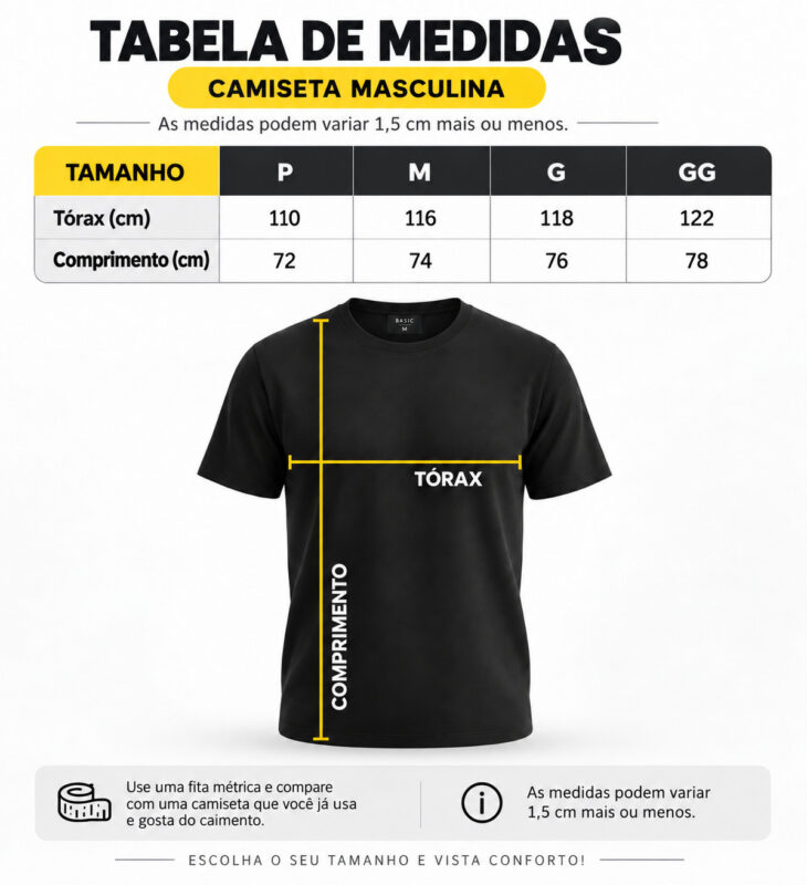 Tabela de medidas da camiseta personalizada masculina para uniforme de empresa nos tamanhos P, M, G e GG