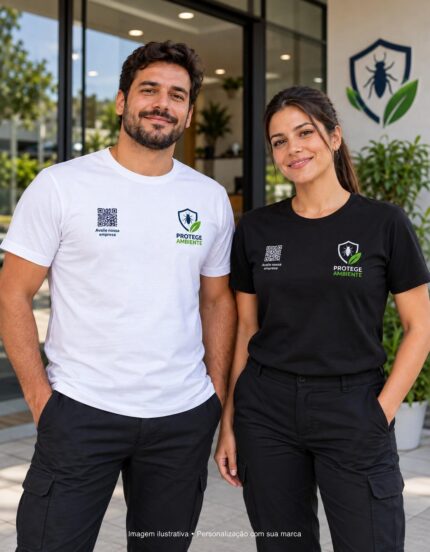 Mockup de camisetas branca e preta para Dedetização e Controle de Pragas, com logo ilustrativo e QR Code no peito