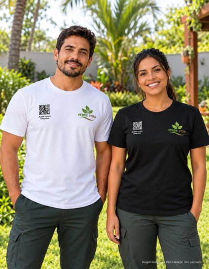 Mockup de camisetas branca e preta para Jardinagem e Manutenção de Jardins, com logo ilustrativo e QR Code no peito