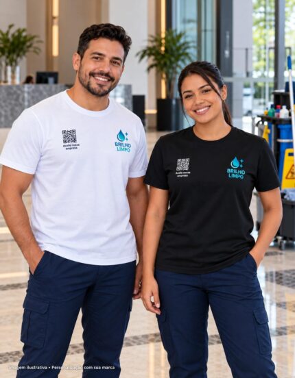 Mockup de camisetas branca e preta para Empresas de Limpeza Profissional, com logo ilustrativo e QR Code no peito