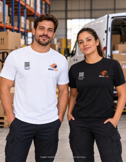 Mockup de camisetas branca e preta para Logística e Entregas, com logo ilustrativo e QR Code no peito