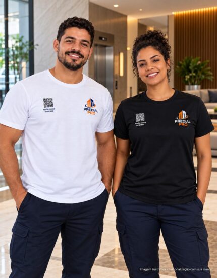 Mockup de camisetas branca e preta para Manutenção Predial e Serviços para Condomínios, com logo ilustrativo e QR Code no peito