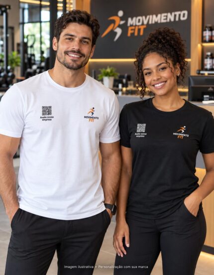 Mockup de camisetas branca e preta para Academias e Estúdios, com logo ilustrativo e QR Code no peito