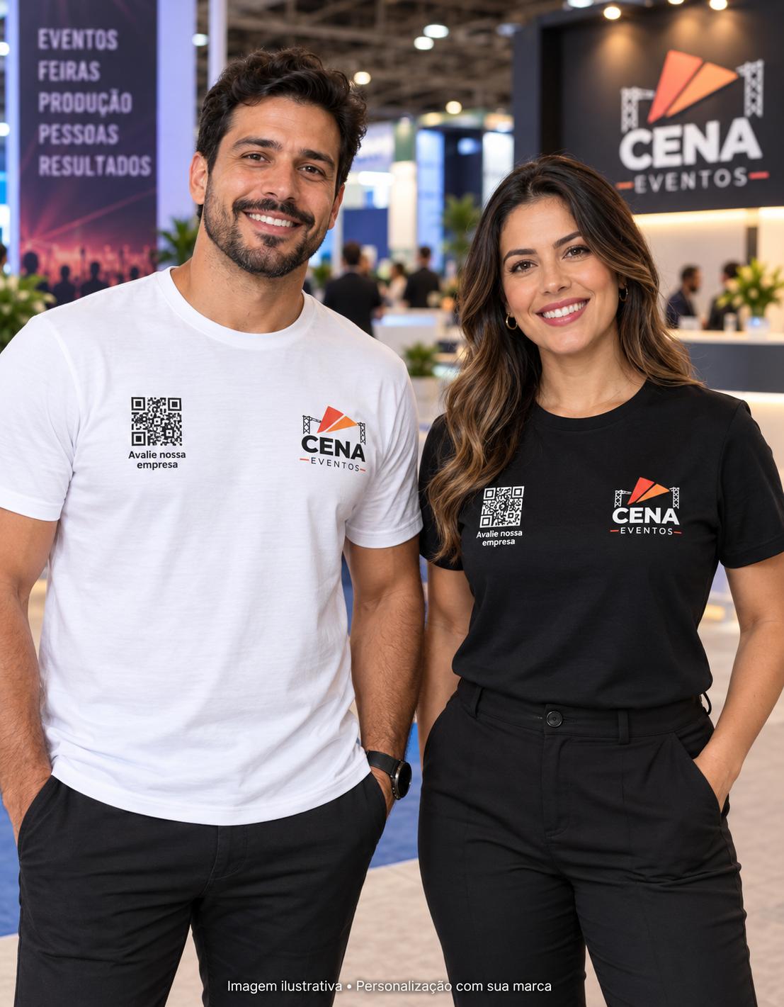 Camisetas personalizadas para Eventos e Feiras com logo e QR Code Mockup de camisetas branca e preta para Eventos e Feiras, com logo ilustrativo e QR Code no peito