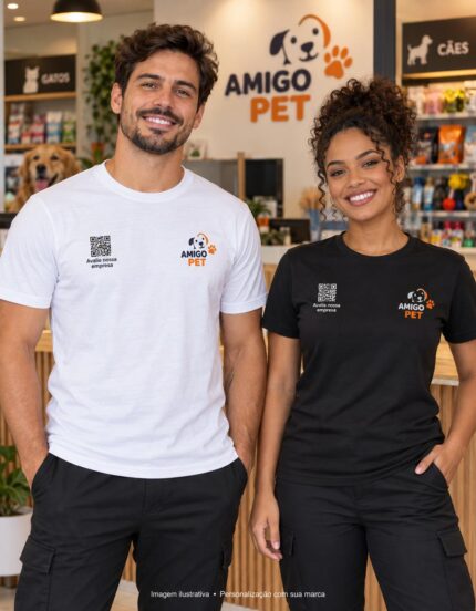 Mockup de camisetas branca e preta para Pet Shop e Banho e Tosa, com logo ilustrativo e QR Code no peito
