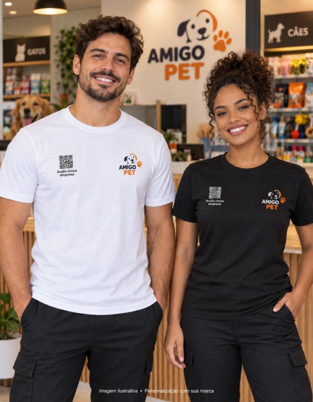 Mockup de camisetas branca e preta para Pet Shop e Banho e Tosa, com logo ilustrativo e QR Code no peito