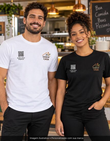 Mockup de camisetas branca e preta para Restaurantes e Lanchonetes, com logo ilustrativo e QR Code no peito